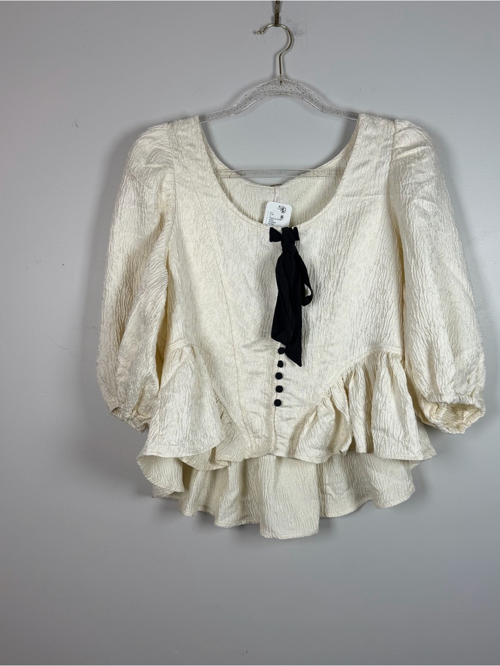 Free People Women's Pamela Bow Top Ivory White Alyssum Frilly Blouse Size Medium - Picture 2 of 11